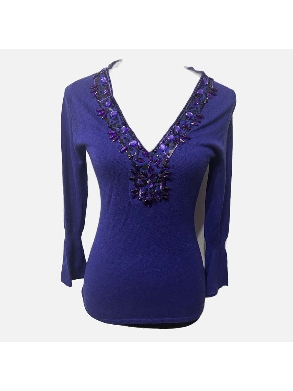 Magaschoni New York womens silk/cashmere Pullover Sweater Jeweled Purple Sz SML